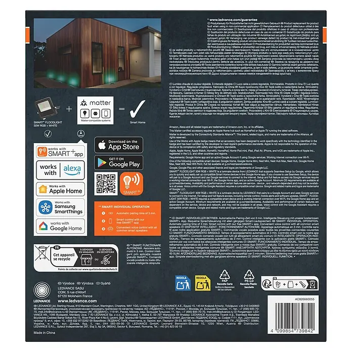 Ledvance Smart+ WiFi LED-Außenwandleuchte Flood - 30 W, 20,9 x 16,8 x 3 cm, RGBW - Verpackung für einen 30W RGB+White SMART+ Flutlichtstrahler, mit Matter, Alexa, Apple Home und Google Home Kompatibilität.