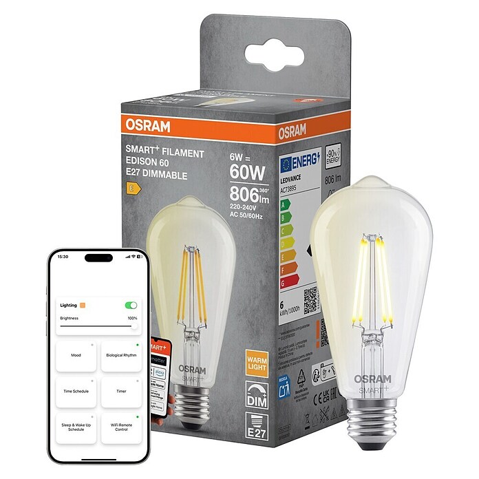 Osram Smart+ Pametna LED sijalka Edison matter  (E27, Možnost zatemnitve, Toplo bela, 806 lm, 6 W) | LED luči | Svetlila | Elektro in svetila | Izdelki | BAUHAUS