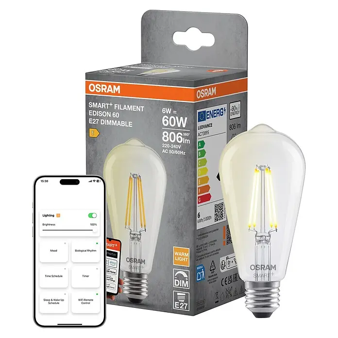 Osram Smart+ Smart-LED-Lampe Edison matter - E27, Dimmbar, Warmweiß, 806 lm, 6 W - OSRAM Smart+ Filament Edison E27 LED-Lampe und Verpackung, mit Smartphone, das eine Smart-Home-App zeigt. Dimmbare Warmlichtbirne.