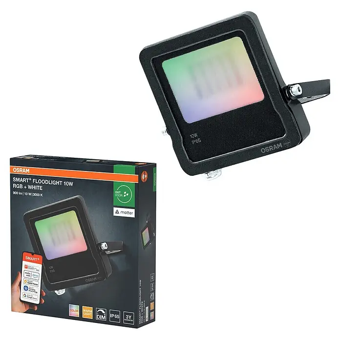Ledvance Smart+ WiFi LED-Außenwandleuchte Flood - 10 W, 12,5 x 12,5 x 2,8 cm, RGBW - Schwarzer smarter RGB+weiß LED-Fluter (10W, IP65) und Produktverpackung, die Smart-Home-Kompatibilität hervorhebt.