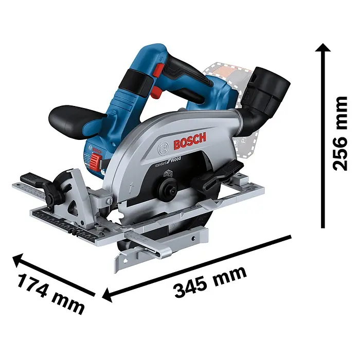 Bosch Professional AMPShare 18V Akku-Handkreissäge GKS 18V-57-2 L - 18 V, Ohne Akku, Durchmesser Sägeblatt: 165 mm, 5.000 U/min - Blaue und silberne Bosch Akku-Handkreissäge mit schwarzen Akzenten, mit Maßen dargestellt.