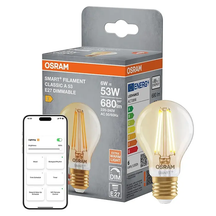 Osram Smart+ Smart-LED-Lampe Birne matter - E27, Dimmbar, Warmweiß, 680 lm, 6 W - OSRAM SMART+ E27 dimmbare LED-Filamentlampe mit warmweißem Licht, Verpackung und Smartphone-Steuerung.