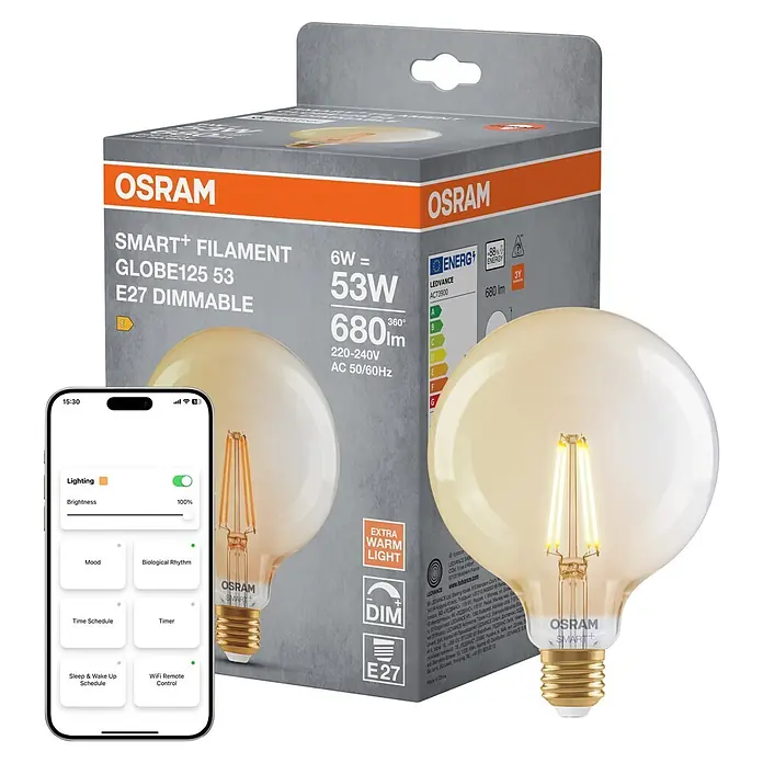 Osram Smart+ LED-Lampe WiFi - E27, Dimmbar, Warmweiß, 680 lm, 6 W, 1 Stk. - OSRAM Smart+ Filament E27 LED Globusbirne, Bernsteinglas, mit Verpackung und Smart-App.