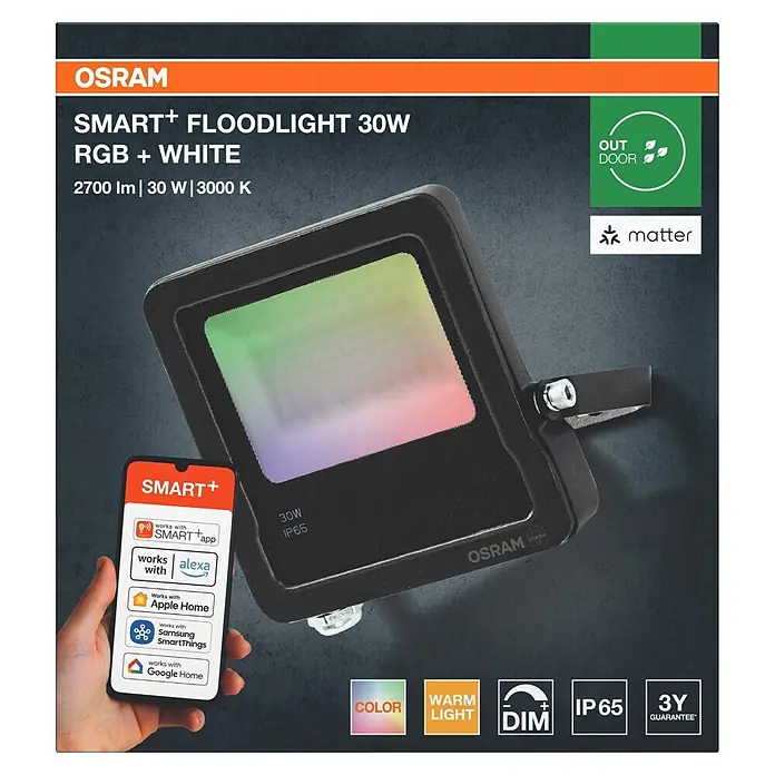 Ledvance Smart+ WiFi LED-Außenwandleuchte Flood - 30 W, 20,9 x 16,8 x 3 cm, RGBW - Schwarzer OSRAM SMART+ 30W RGB+Weiß Outdoor-Fluter (IP65) mit Smart-Home-Kompatibilität, leuchtend in bunten Farben.