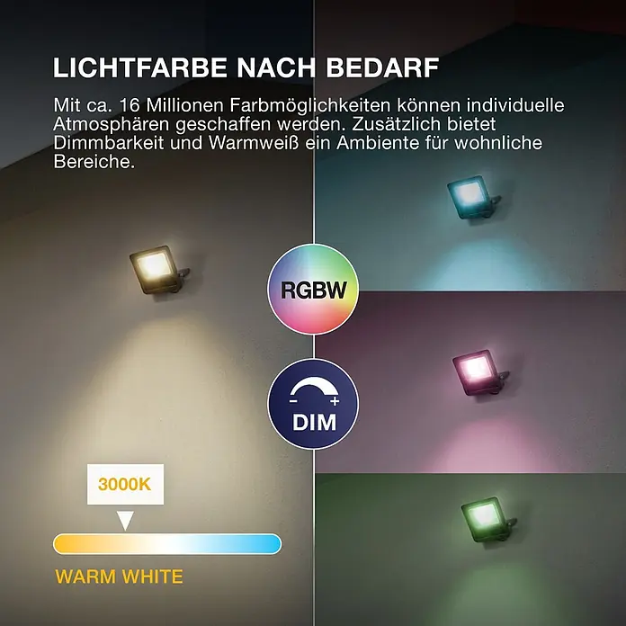Ledvance Smart+ WiFi LED-Außenwandleuchte Flood - 10 W, 12,5 x 12,5 x 2,8 cm, RGBW - Ein Flutlicht zeigt seine RGBW-Farbwechsel-, Dimm- und Warmweiß-Funktionen, die verschiedene Farben auf eine Wand projizieren.
