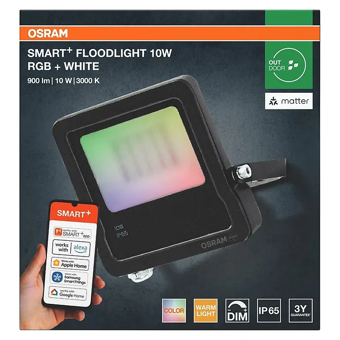 Ledvance Smart+ WiFi LED-Außenwandleuchte Flood - 10 W, 12,5 x 12,5 x 2,8 cm, RGBW - Schwarzer Osram Smart+ RGB+Weiss Flutlichtstrahler, mit Smart Home App-Kompatibilität auf einem Telefon.