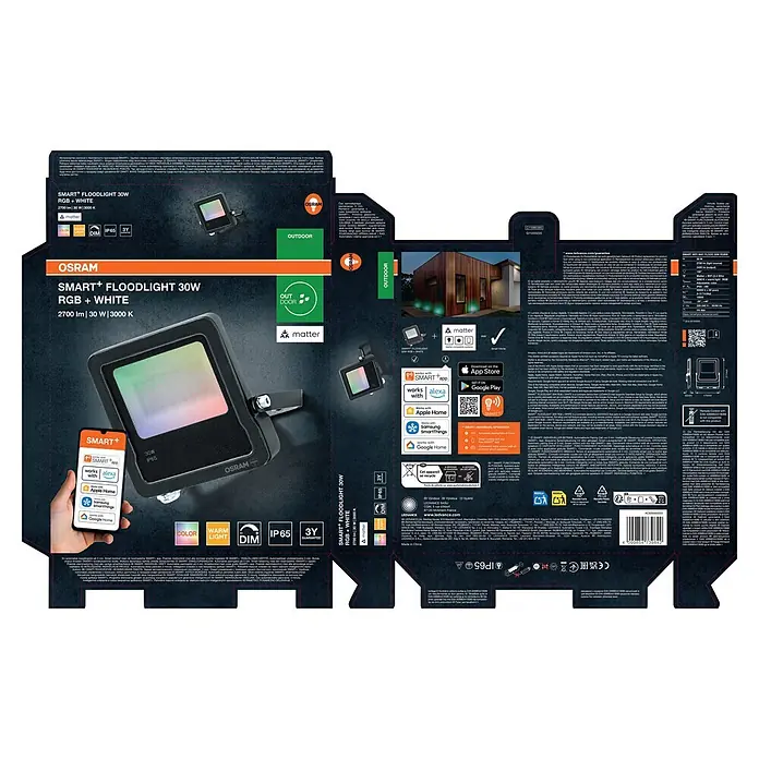 Ledvance Smart+ WiFi LED-Außenwandleuchte Flood - 30 W, 20,9 x 16,8 x 3 cm, RGBW - Verpackung für OSRAM Smart+ Floodlight 30W RGB+White. Zeigt Flutlicht, Smart-Home-Logos und Außennutzung an einem Haus.