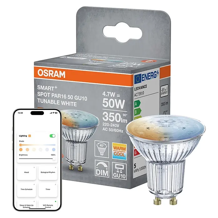 Osram Smart+ Smart-LED-Lampe matter - GU10, Dimmbar, Mehrfarbig, 350 lm, 4,7 W - OSRAM Smart+ LED GU10 Tunable White Strahler, dessen Verpackung und eine Smartphone-App zur Steuerung.