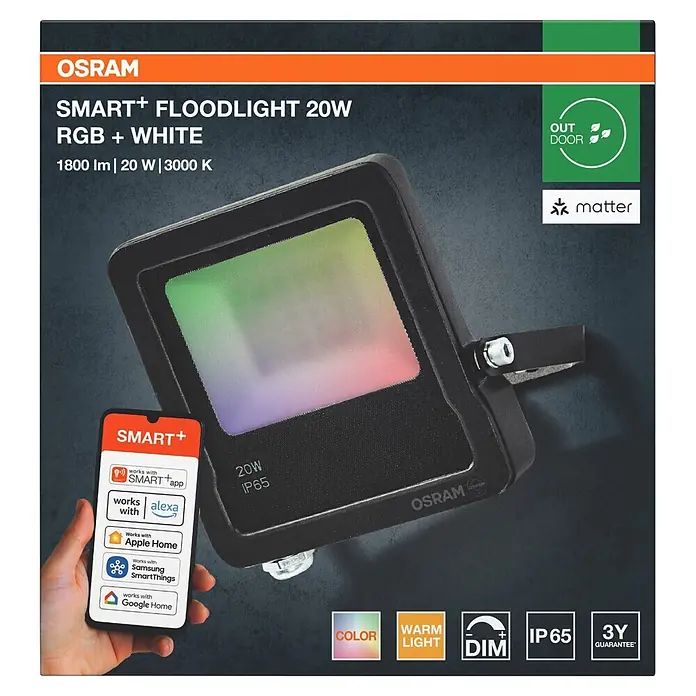 Ledvance Smart+ WiFi LED-Außenwandleuchte Flood - 20 W, 15,2 x 12,5 x 2,8 cm, RGBW - Schwarzer OSRAM SMART+ 20W RGB+W Flutlicht, IP65, kompatibel mit Smart Home Systemen wie Alexa und Google Home, zeigt farbiges Licht.