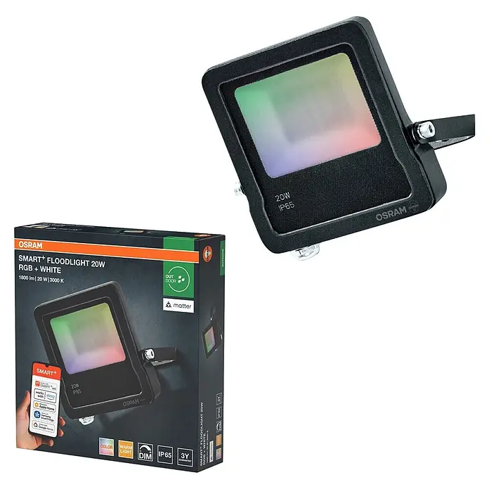 Ledvance Smart+ WiFi LED-Außenwandleuchte Flood - 20 W, 15,2 x 12,5 x 2,8 cm, RGBW - Schwarzer intelligenter LED-Fluter (20W, RGB+Weiß) mit seiner Verkaufsverpackung.