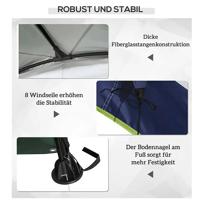 Outsunny Steckpavillon - B x T: 4 m x 400 cm, Farbe Dach: Blau, Silber - Robuste Zeltkonstruktion mit dicken Fiberglasstangen, 8 Windseilen und Bodennägeln für erhöhte Stabilität.