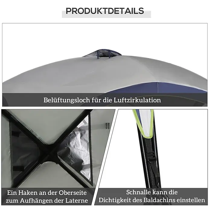 Outsunny Steckpavillon - B x T: 4 m x 400 cm, Farbe Dach: Blau, Silber - Nahaufnahme von Vordach-Merkmalen: obere Belüftung, Innenhaken für Laterne und Schnalle zur Dichtheitsanpassung.