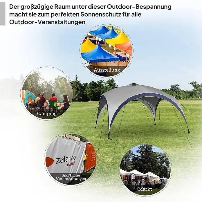 Outsunny Steckpavillon - B x T: 4 m x 400 cm, Farbe Dach: Blau, Silber - Großer grau-blauer Outdoor-Pavillon im Gras, mit Einsätzen für Camping, Ausstellungen und Märkte.