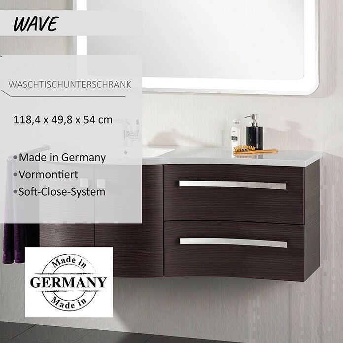 Camargue Wave Waschtischunterschrank (54 x 120 x 50 cm, Links, Darkoak, Matt)