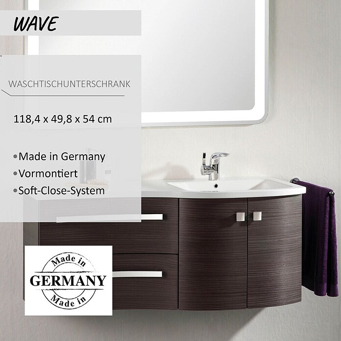 Camargue Wave Waschtischunterschrank (54 x 120 x 50 cm, Rechts, Darkoak, Matt)