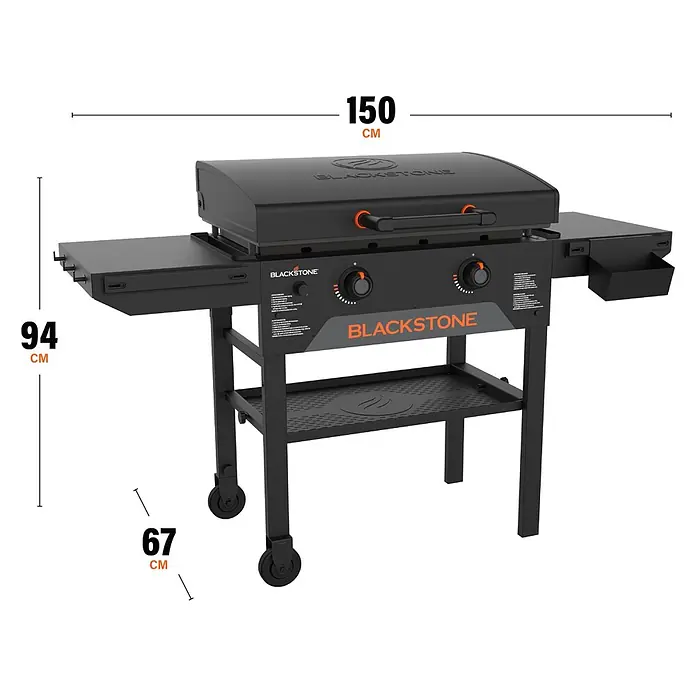Blackstone Plancha-Grill 28" Omnivore - Grillfläche (B x T): 73 x 45,7 cm, 10 kW, Anzahl Brenner: 2 Stk. - Schwarze Blackstone Grillplatte mit Seitenablagen und Rollen, Abmessungen: 150 cm Länge, 94 cm Höhe, 67 cm Tiefe.