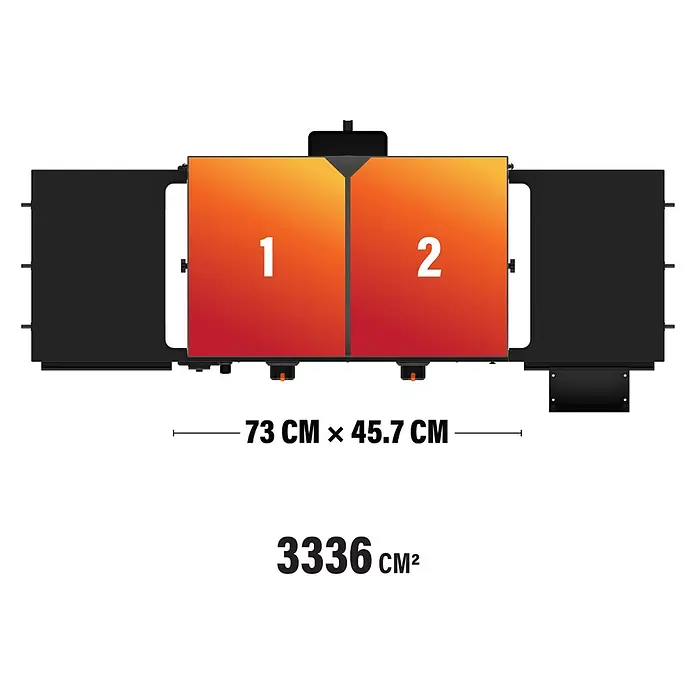 Blackstone Plancha-Grill 28" Omnivore - Grillfläche (B x T): 73 x 45,7 cm, 10 kW, Anzahl Brenner: 2 Stk. - Draufsicht einer rechteckigen, zweizonigen Kochfläche in Orange-Rot mit schwarzem Rahmen, 73x45,7 cm groß.