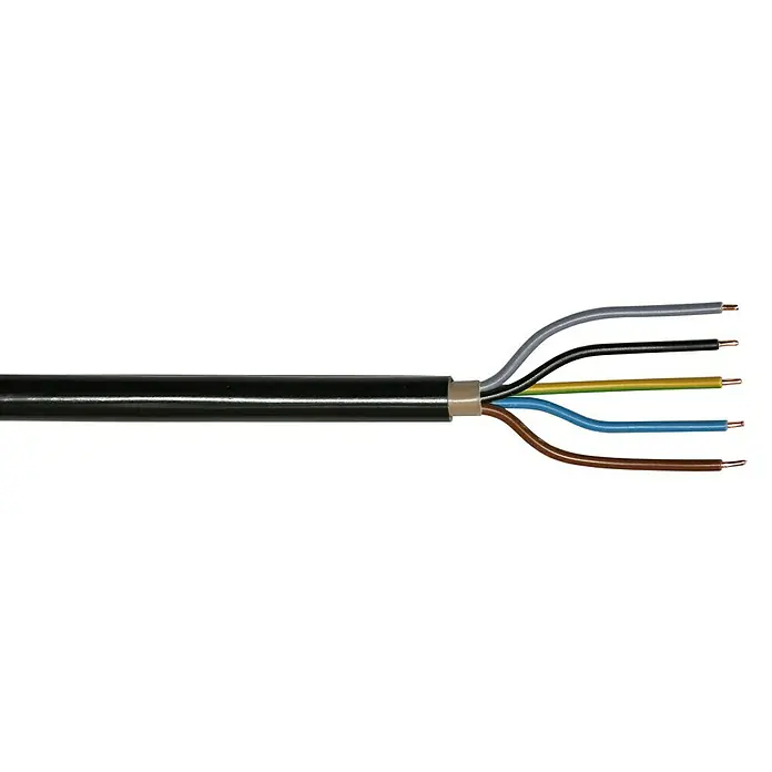 Erdkabel Meterware NYY-J 5x4 mm² - NYY-J, 5, 4 mm², Schwarz - Ein detailliertes Foto eines Stromkabels mit mehreren farbigen Adern, die freiliegen. Gut geeignet für Elektriker und Heimwerker.