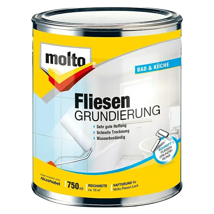 Molto Fliesengrundierung 1K Fliesen-Grund Creativ - Weiß, 750 ml - Dose Molto Fliesengrundierung für Bad & Küche. Haftgrund für Fliesenlack mit guter Haftung, schneller Trocknung und Wasserbeständigkeit.