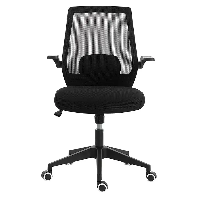Silla de oficina Olivia - Negro, Reposabrazos - Silla de oficina negra con respaldo de malla, asiento de tela y base giratoria con ruedas.
