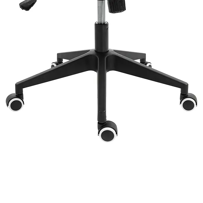 Silla de oficina Olivia - Negro, Reposabrazos - Base negra en forma de estrella para silla de oficina con cinco ruedas blancas y negras, y cilindro neumático plateado para ajuste de altura.
