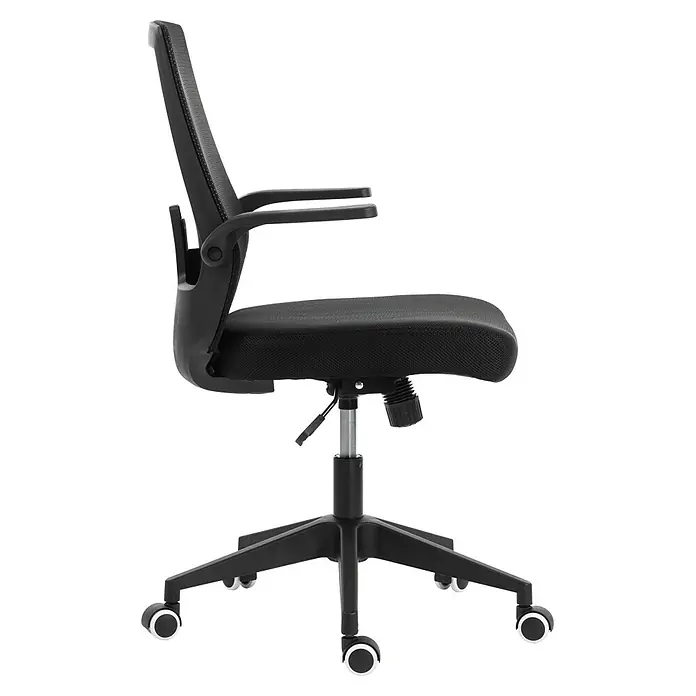 Silla de oficina Olivia - Negro, Reposabrazos - Silla de oficina negra con respaldo de malla, asiento de tela, reposabrazos y base giratoria con ruedas.
