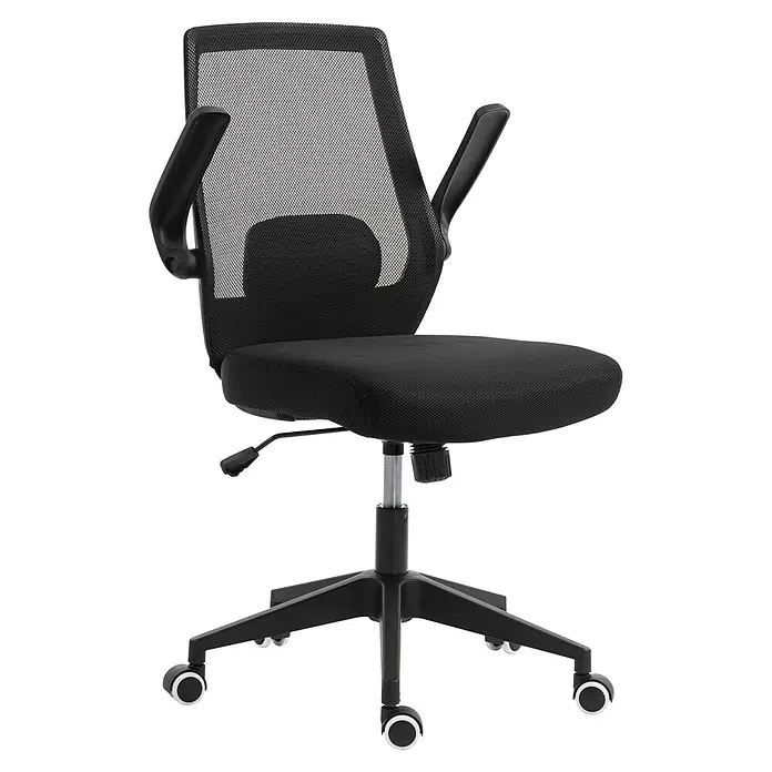 Silla de oficina Olivia - Negro, Reposabrazos - Silla de oficina negra con respaldo de malla, asiento acolchado, reposabrazos y base de cinco ruedas.