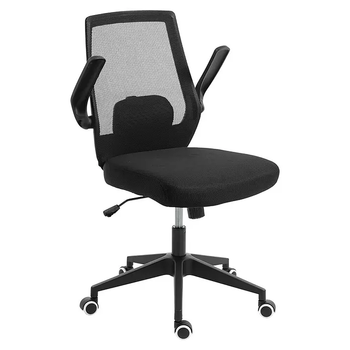 Silla de oficina Olivia - Negro, Reposabrazos - Silla de oficina ergonómica negra con respaldo de malla, asiento tapizado y base con ruedas.