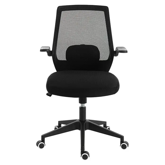 Silla de oficina Olivia - Negro, Reposabrazos - Silla de oficina giratoria ergonómica negra con respaldo de malla, asiento de tela y base de cinco ruedas.