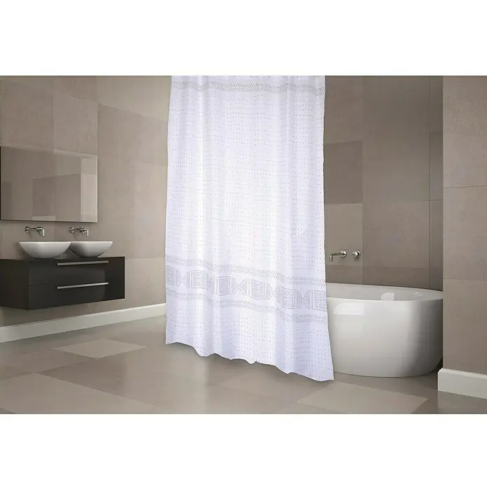 Venus Cortina de baño Toralla - An x Al: 180 x 200 cm, Plástico, Blanco - Un baño con una cortina de ducha blanca con patrones grises decorativos, colgada frente a una bañera blanca.