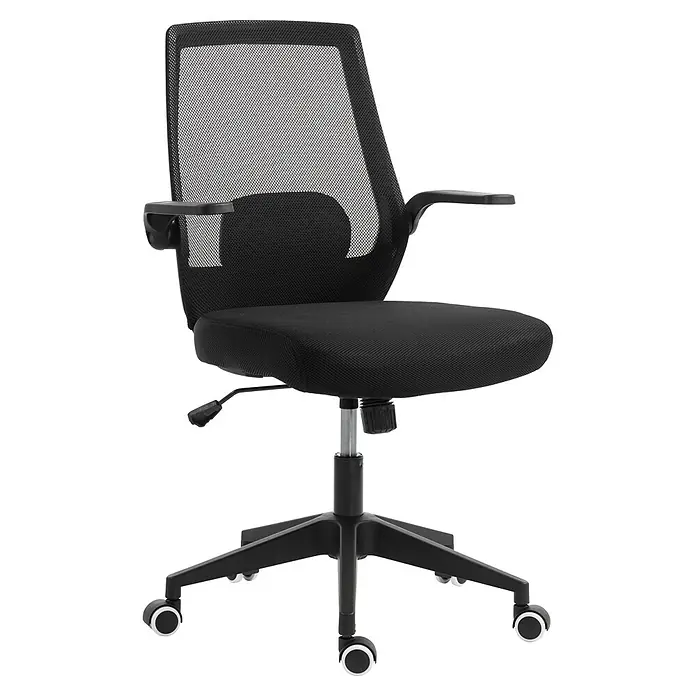 Silla de oficina Olivia - Negro, Reposabrazos - Silla de oficina ergonómica negra con respaldo de malla, asiento de tela, reposabrazos y ruedas.