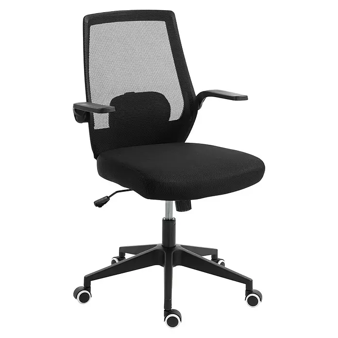 Silla de oficina Olivia - Negro, Reposabrazos - Silla de oficina ergonómica negra con respaldo de malla, asiento de tela, reposabrazos y base de cinco puntas con ruedas.