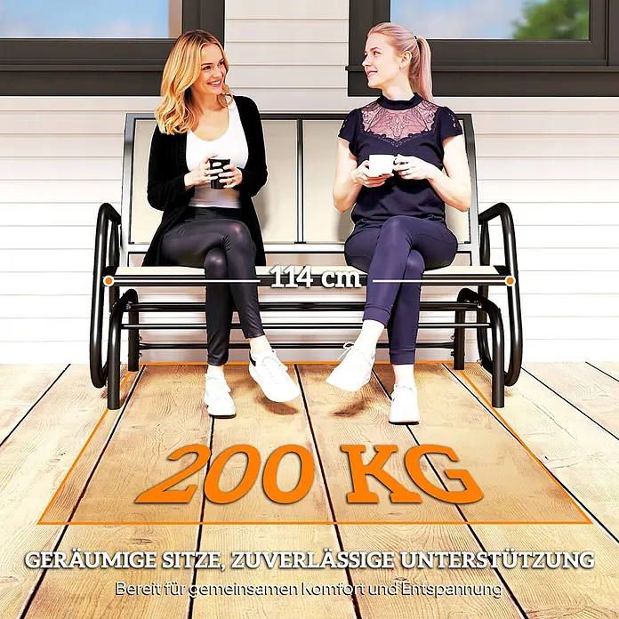 Furnicato Gartenbank - B x T x H: 70 x 120 x 85 cm, Metall, Texteline-Gewebe, Schwarz - Zwei Frauen sitzen auf einer schwarzen Metall-Schaukelbank mit hellen Sitzen auf einer Terrasse, mit 114 cm Breite und 200 kg Tragkraft.