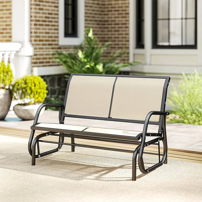 Furnicato Gartenbank - B x T x H: 70 x 120 x 85 cm, Metall, Texteline-Gewebe, Schwarz - Beigefarbene Stoff-Gleitsitzbank mit schwarzem Metallrahmen auf einer Terrasse.