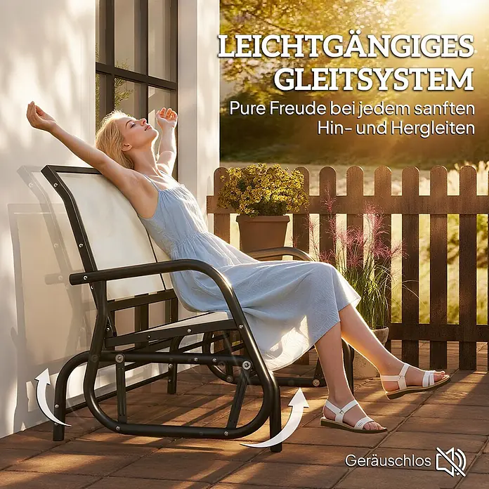 Furnicato Gartenbank - B x T x H: 70 x 120 x 85 cm, Metall, Texteline-Gewebe, Schwarz - Frau entspannt in schwarzem Gleitsessel mit hellem Stoff auf Terrasse, zeigt sanftes, geräuschloses Gleiten.