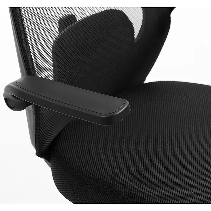 Silla de oficina Olivia - Negro, Reposabrazos - Silla de oficina ergonómica negra con respaldo de malla, asiento de tela y reposabrazos de plástico.