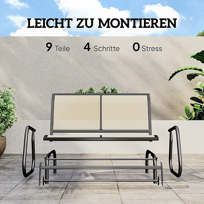 Furnicato Gartenbank - B x T x H: 70 x 120 x 85 cm, Metall, Texteline-Gewebe, Schwarz - Zerlegte Outdoor-Bank mit schwarzem Metallrahmen und hellen Platten, leicht montierbar in 9 Teilen und 4 Schritten, auf einer Terrasse.