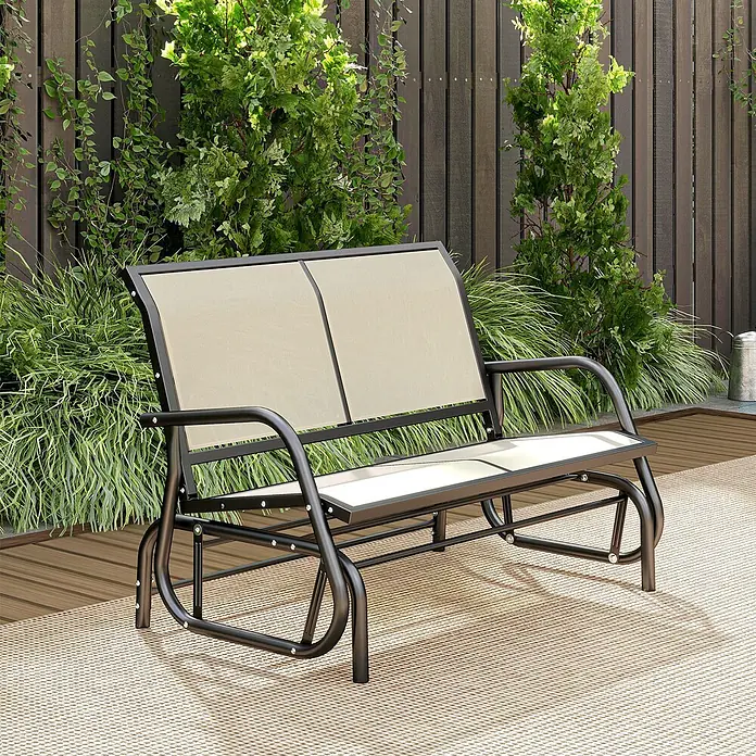 Furnicato Gartenbank - B x T x H: 70 x 120 x 85 cm, Metall, Texteline-Gewebe, Schwarz - Zweisitzige Outdoor-Schaukelbank mit schwarzem Metallrahmen und beigefarbenem Textilgewebe auf einer Terrasse.