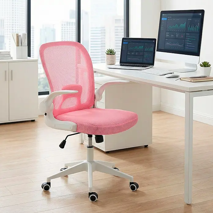 Silla de oficina Vega - Rosa/Blanco, Reposabrazos - Una silla de oficina de malla rosa con brazos y base blancos, ubicada en un moderno espacio de trabajo junto a un escritorio blanco con ordenadores.