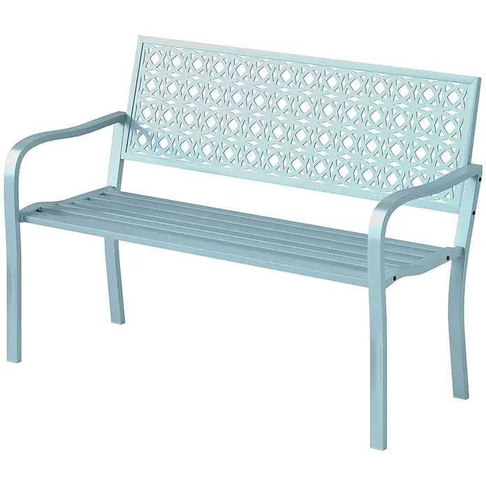 Furnicato Gartenbank pulverbeschichtet - B x T x H: 63 x 127 x 85 cm, Stahl, Blau - Hellblaue Metallgartenbank mit geometrischem Rückenlehnenmuster und Lattenrostsitz.