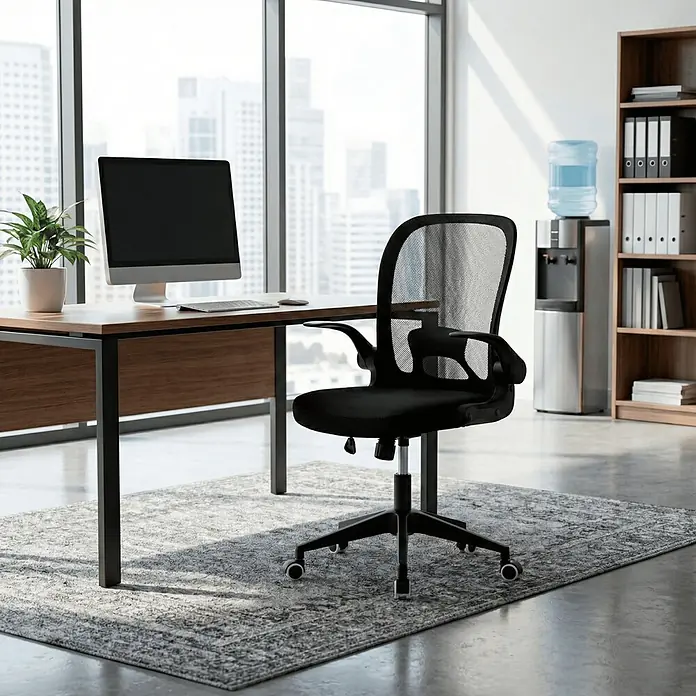 Silla de oficina Vega - Negro, Reposabrazos - Silla de oficina ergonómica negra con respaldo de malla y base de cinco ruedas, situada en un escritorio de madera moderno en una oficina.
