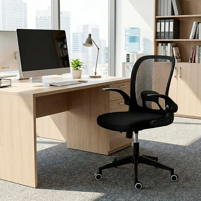 Silla de oficina Vega - Negro, Reposabrazos - Silla de oficina ergonómica negra de malla y tela con reposabrazos y ruedas, junto a un escritorio de madera clara.