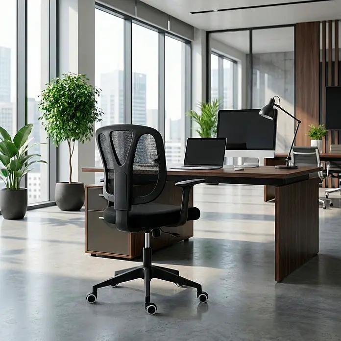 Silla de oficina Ana - Negro, Reposabrazos - Silla de oficina negra con respaldo de malla en un escritorio moderno en una oficina luminosa.