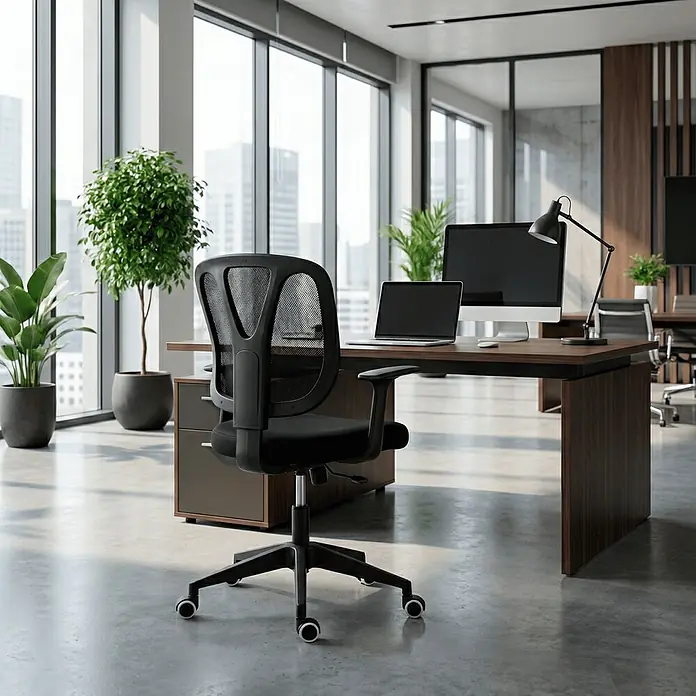 Silla de oficina Ana - Negro, Reposabrazos - Silla de oficina negra con respaldo de malla y asiento de tela, ubicada en un escritorio de madera oscura en una oficina moderna con grandes ventanales.