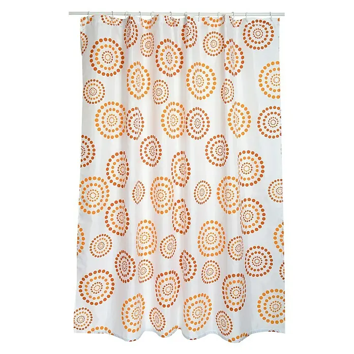 Venus Cortina de baño Dots - An x Al: 180 x 200 cm, Plástico, Blanco - Una cortina de ducha blanca con un abstracto patrón de puntos naranja colgada de una barra.