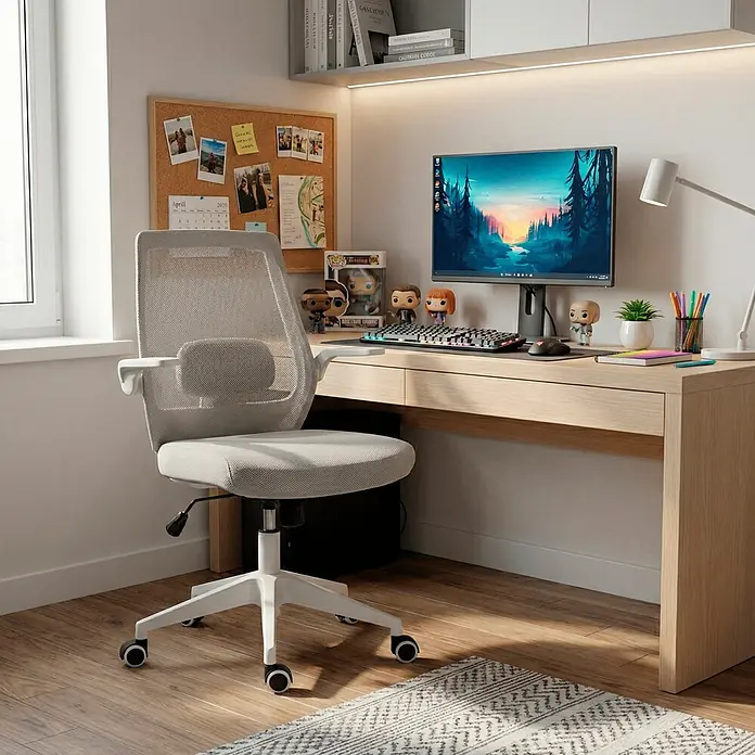 Silla de oficina Olivia - Gris/Blanco, Reposabrazos - Silla de oficina ergonómica gris claro con respaldo de malla y asiento de tela frente a un escritorio de madera clara.