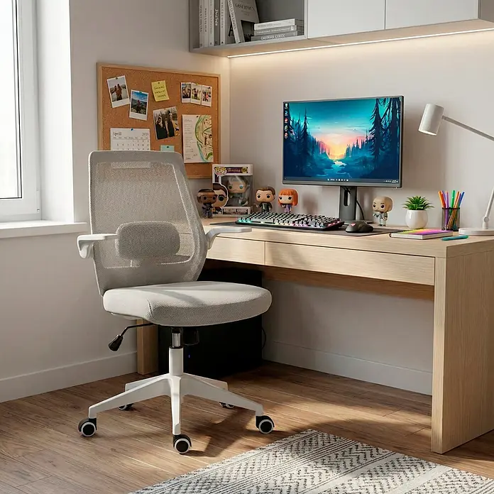 Silla de oficina Olivia - Gris/Blanco, Reposabrazos - Silla de oficina ergonómica gris claro con respaldo de malla y asiento tapizado, en moderno despacho con escritorio de madera clara y ordenador.