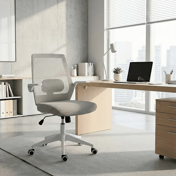 Silla de oficina Olivia - Gris/Blanco, Reposabrazos - Silla de oficina de malla gris claro con base blanca en un entorno de oficina moderno.