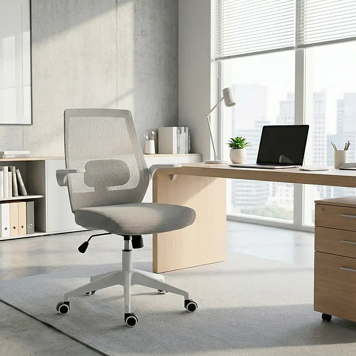 Silla de oficina Olivia - Gris/Blanco, Reposabrazos - Silla de oficina de malla gris claro con estructura blanca, ruedas y soporte lumbar ajustable en un entorno de oficina moderno.