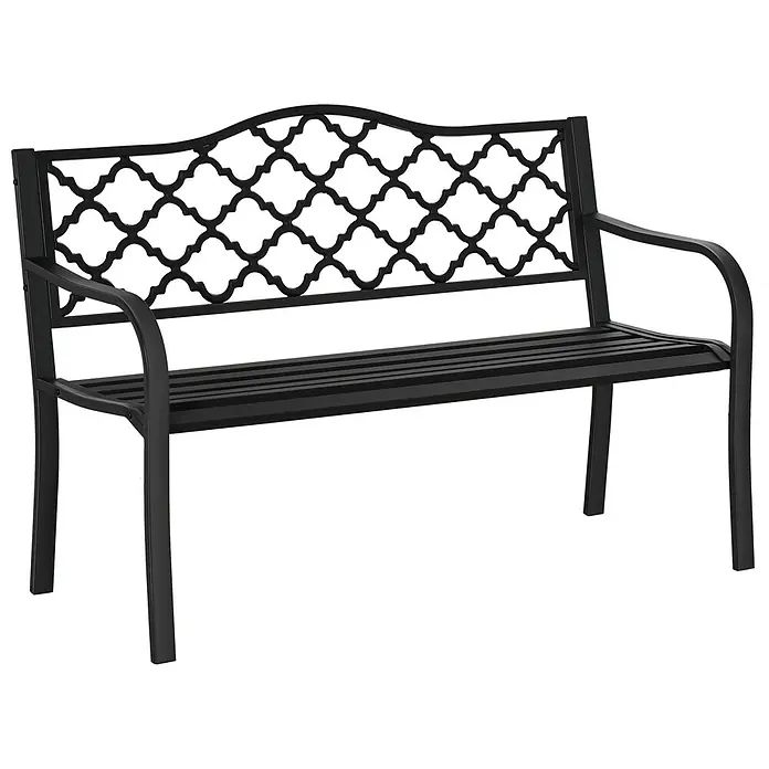Furnicato Gartenbank Gusseisen - B x T x H: 58,5 x 128 x 89 cm, Legierter Stahl, Schwarz - Schwarze Metallgartenbank mit dekorativer Gitterlehne und Lattenrostsitzfläche.